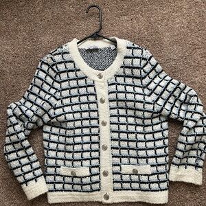 Veronica Beard Navy and White Grid Cardigan